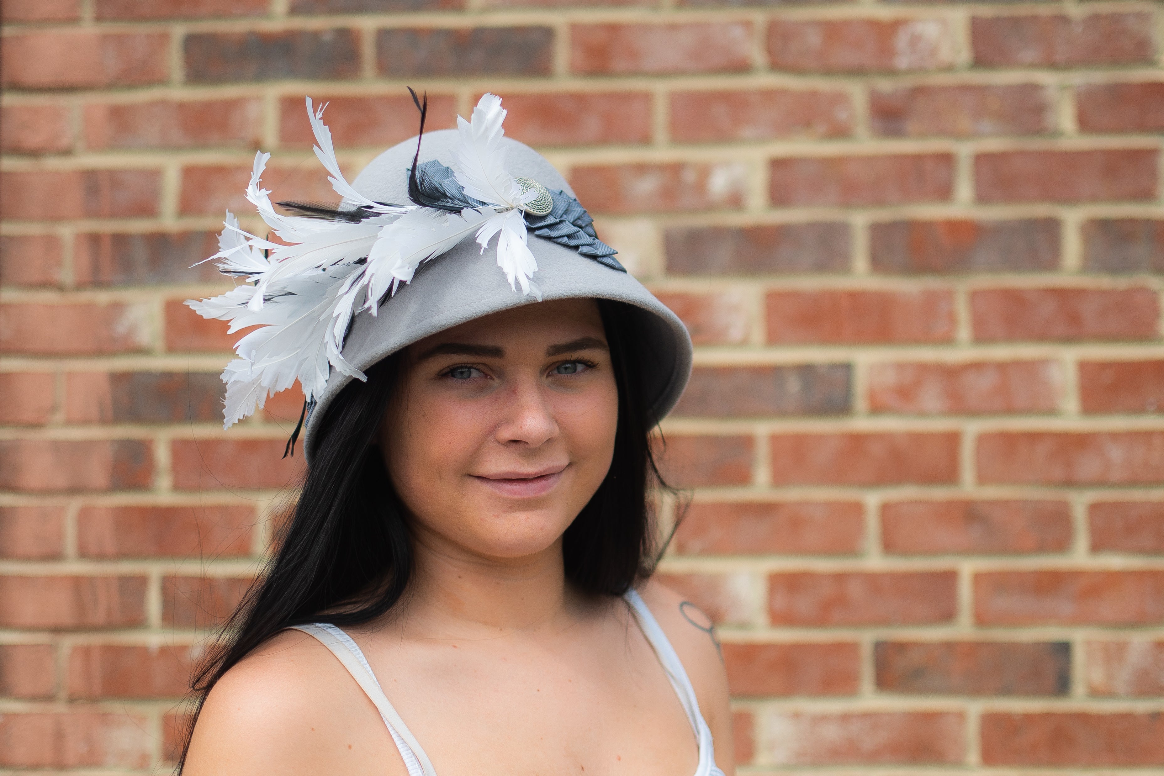 Light Grey Fur Felt Cloche Hat With Feather Mount