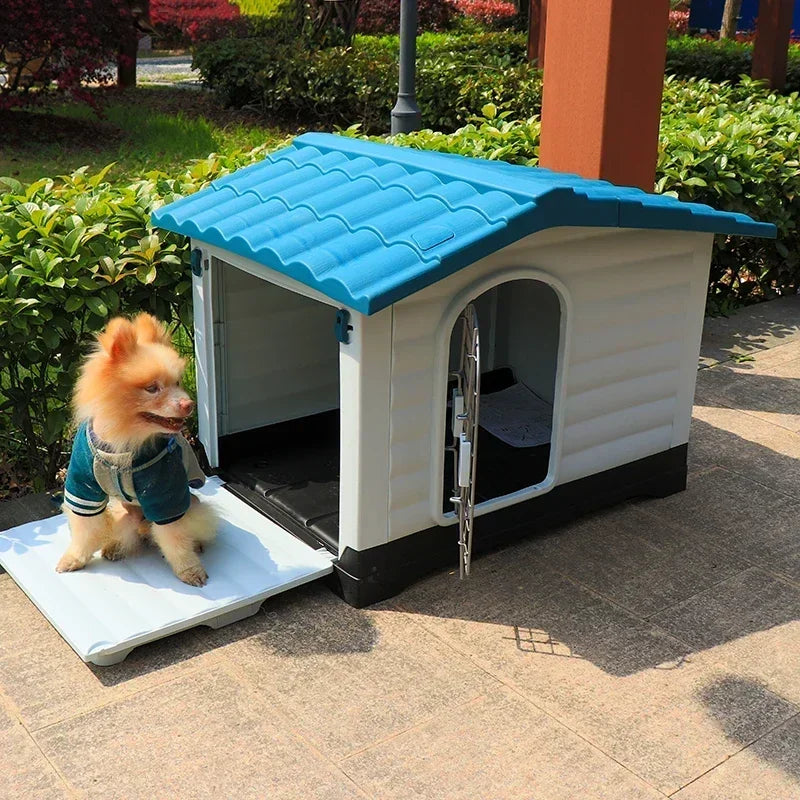 Modular dog house blue outdoors with dog