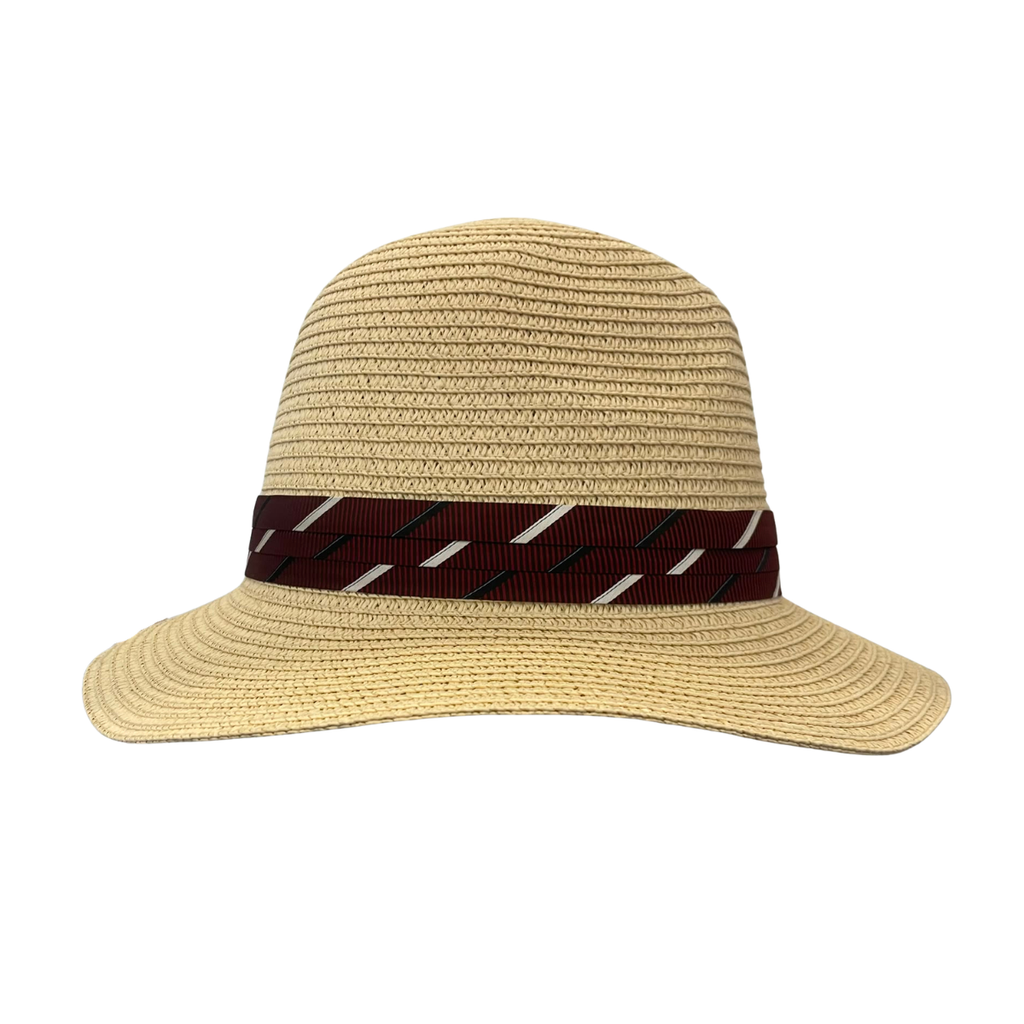A woven straw sun hat in beige with a dark burgundy ribbon band featuring diagonal white and green stripes, shown against a plain white background.