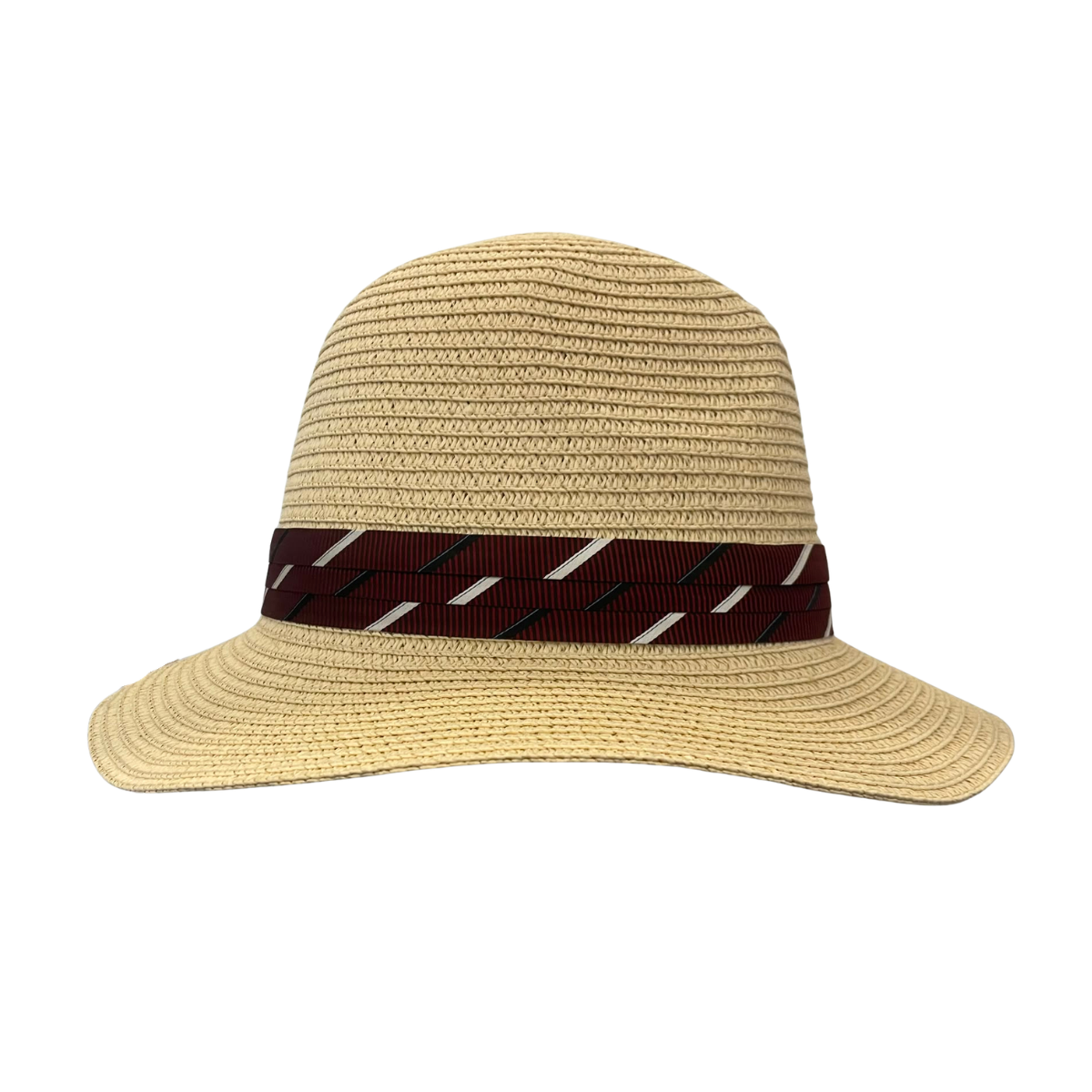 A woven straw sun hat in beige with a dark burgundy ribbon band featuring diagonal white and green stripes, shown against a plain white background.