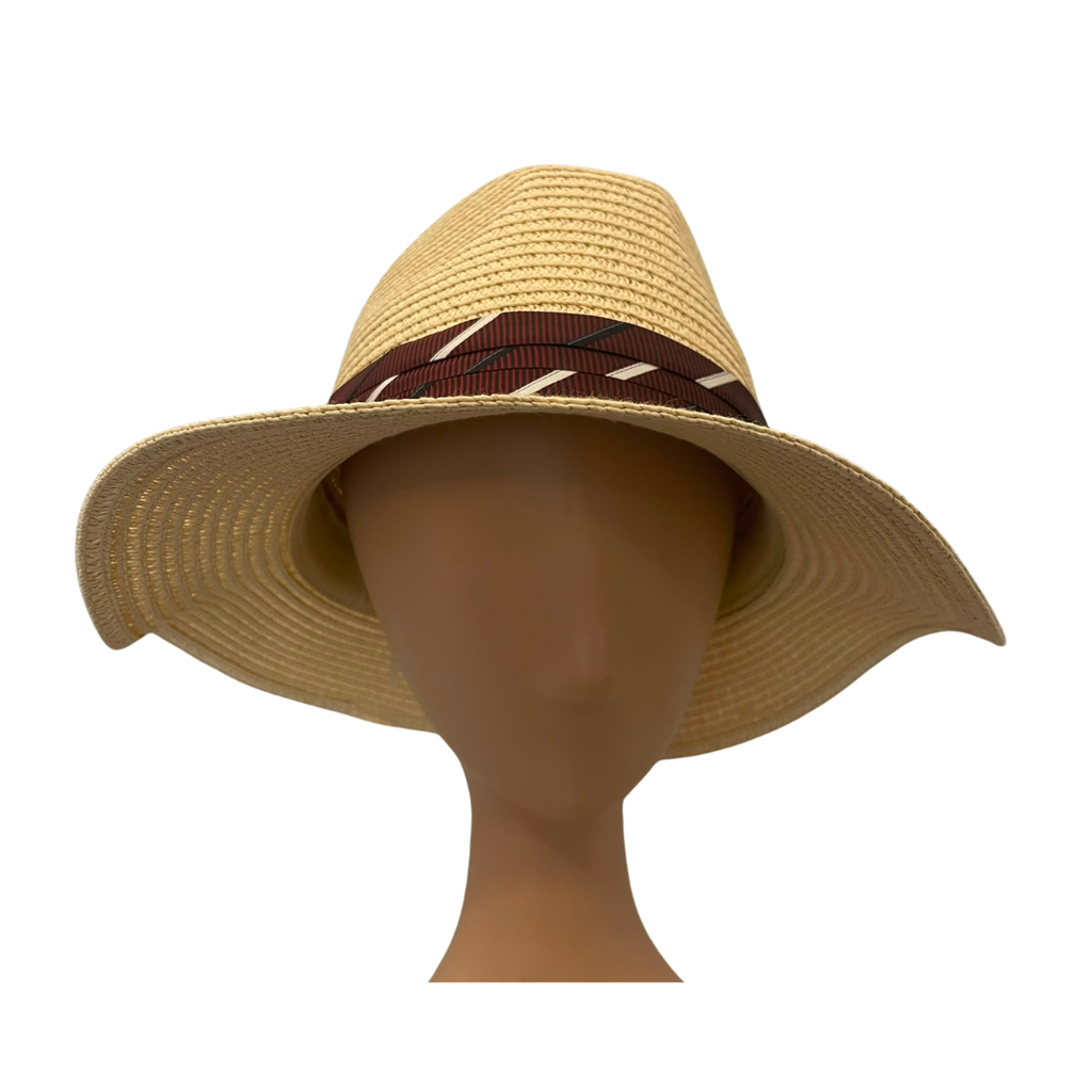 A wide-brimmed straw sun hat in a natural beige color, featuring a dark red ribbon band with white diagonal stripes, displayed on a mannequin head against a plain white background.