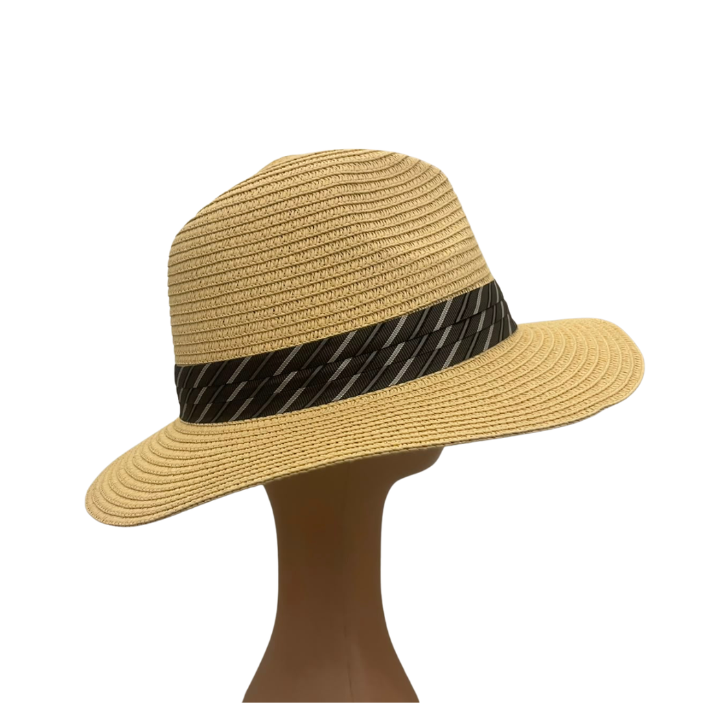 A woven straw fedora hat in a natural tan color, featuring a wide black and gray patterned band around the crown, displayed on a mannequin head against a plain white background.