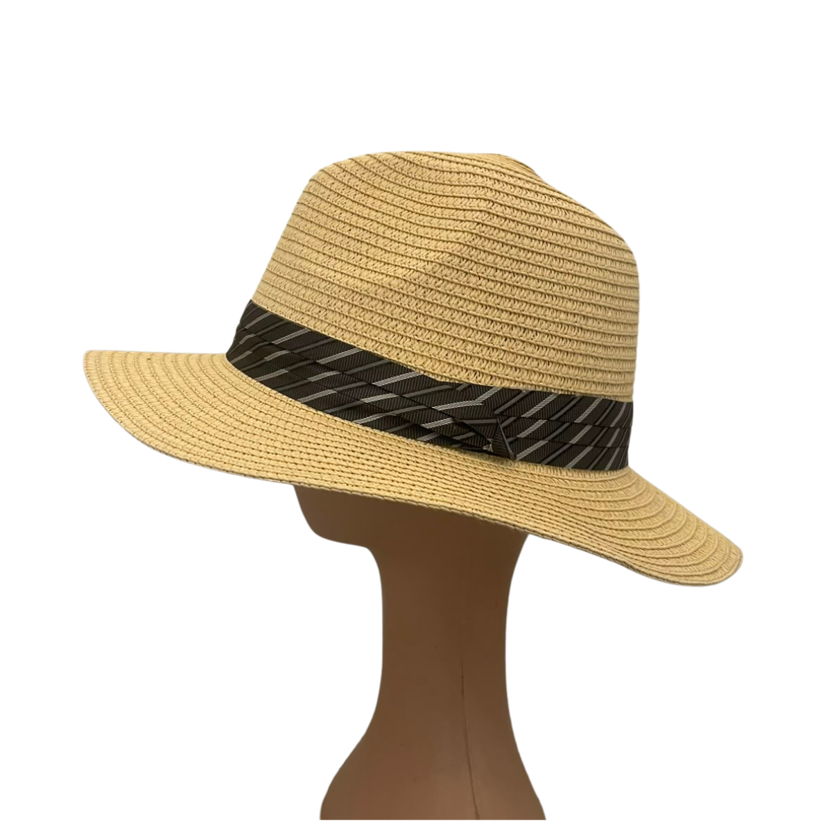 A woven straw fedora hat in a natural beige color, featuring a black and gray patterned band with a bow, displayed on a brown mannequin head against a white background.