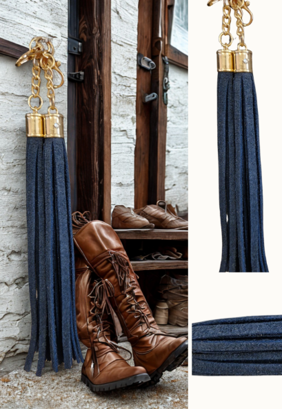 Navy suede handmade leather boot tassel hanging beside some boots