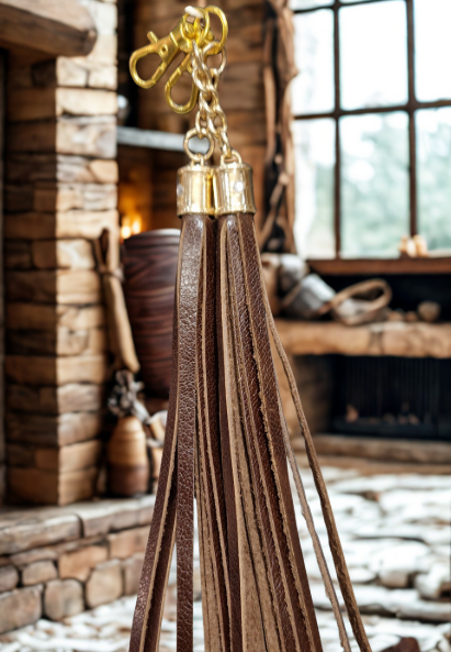 Dark brown handmade leather boot tassel hanging by a fireside