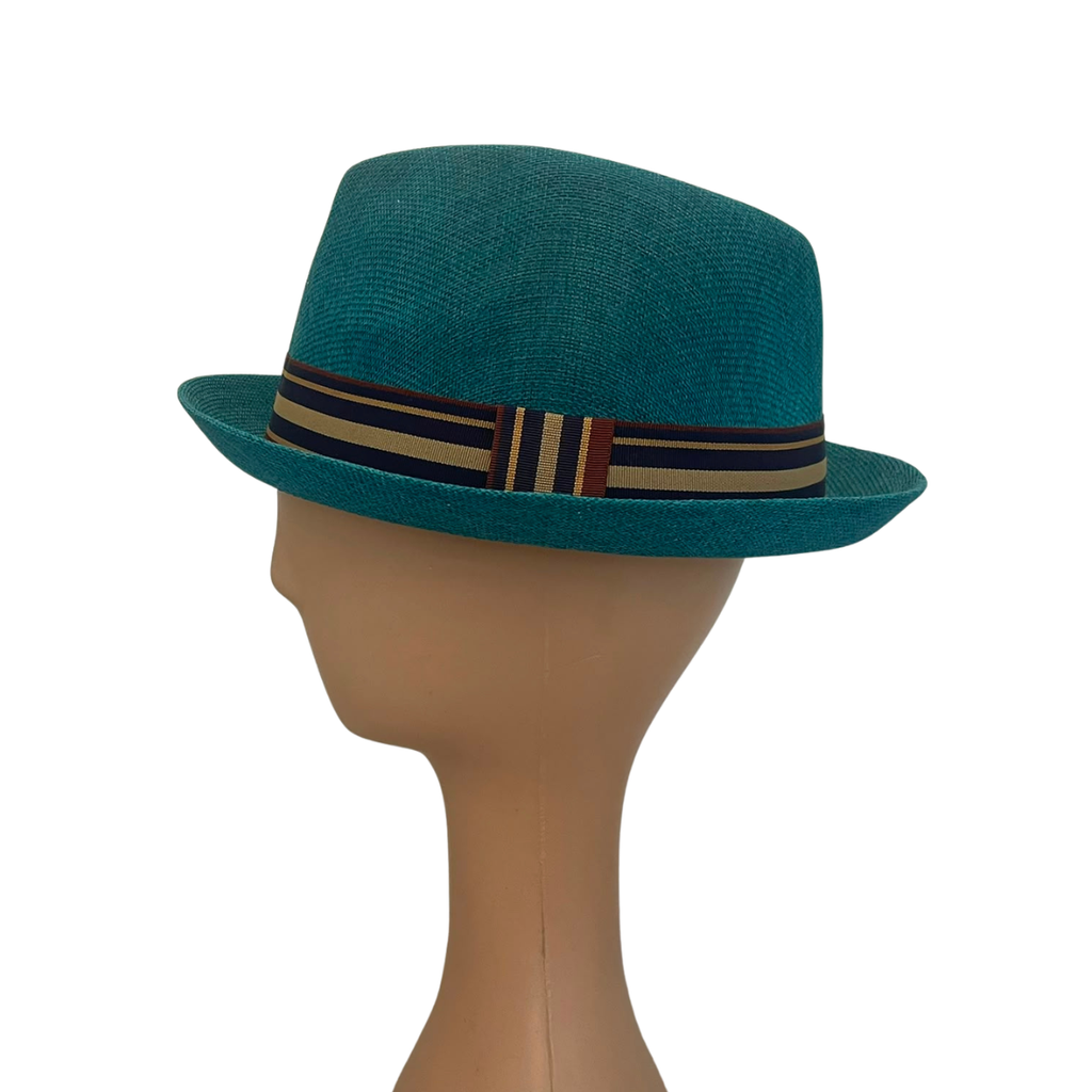 Teal Polyester Trilby Hat with Striped Band