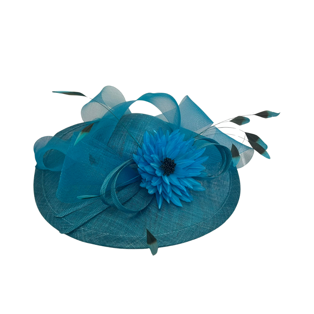 Teal Sinamay Occasion Hat with Floral & Feather Trim