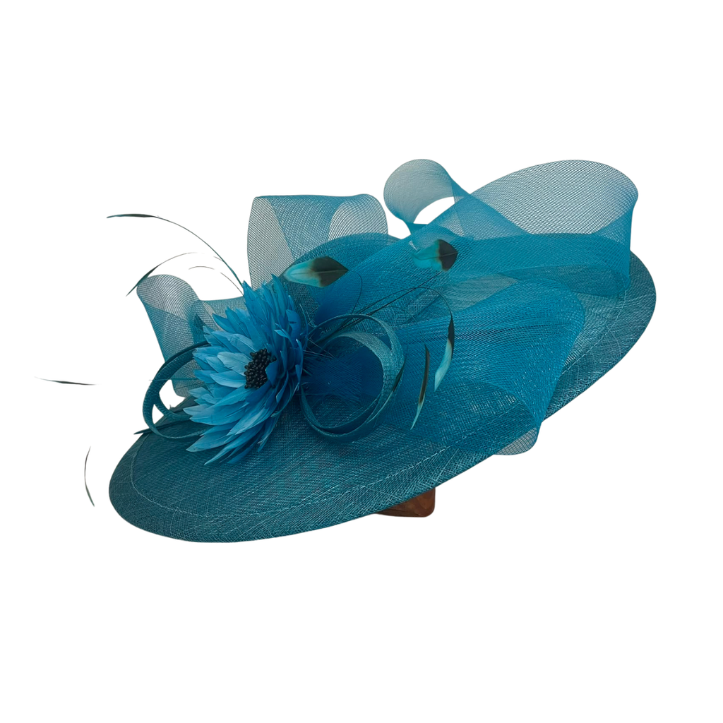 Teal Sinamay Occasion Hat with Floral & Feather Trim