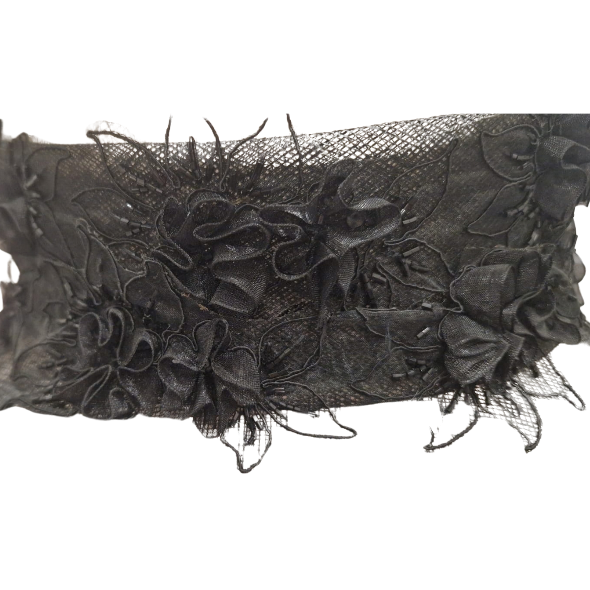 Champagne & Black Floral Lace Occasion Hat band close-up