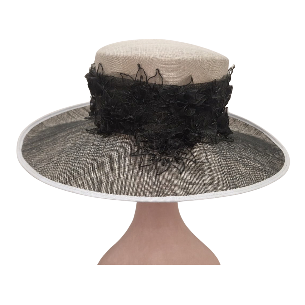 Champagne & Black Floral Lace Occasion Hat back