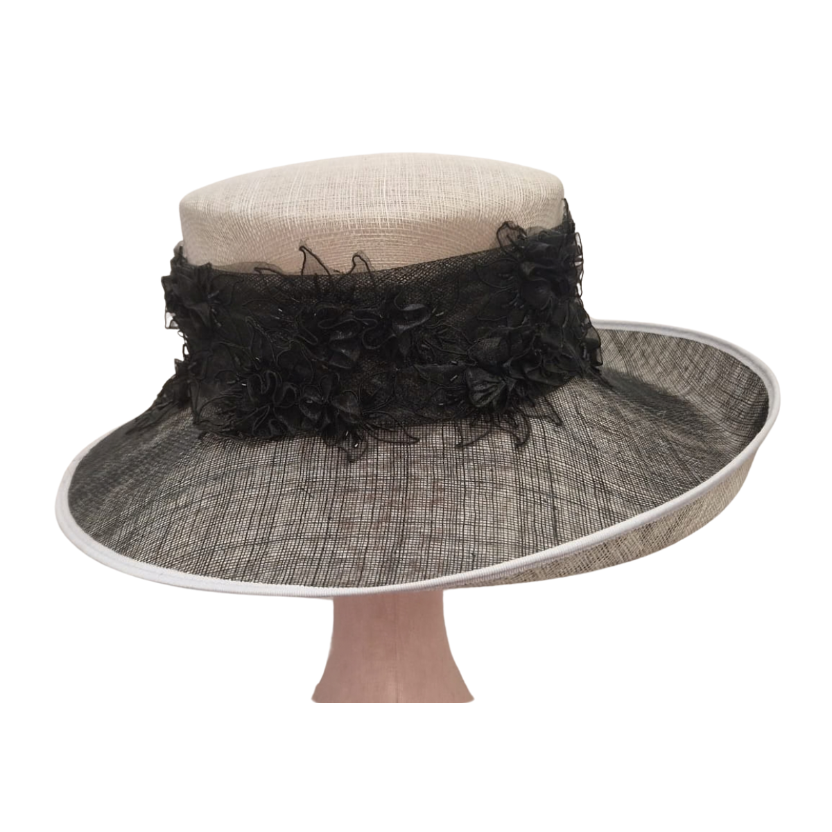 Champagne & Black Floral Lace Occasion Hat side