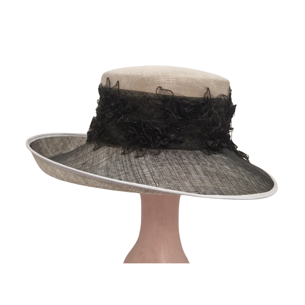 Champagne & Black Floral Lace Occasion Hat side