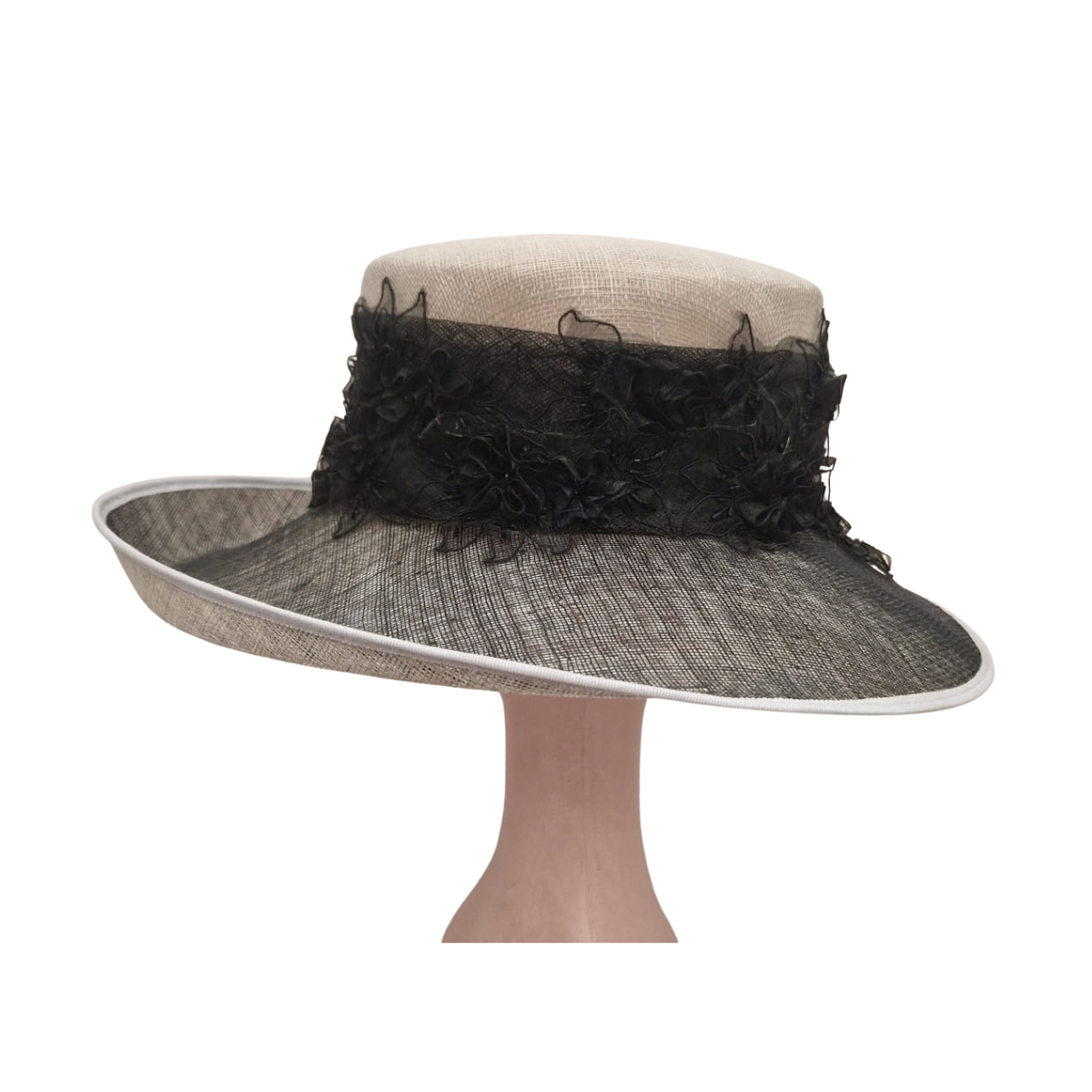 Champagne & Black Floral Lace Occasion Hat side