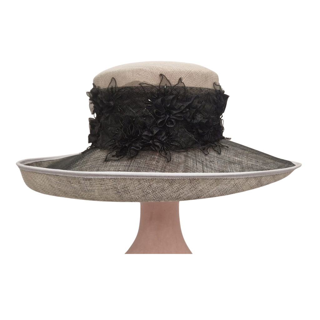 Champagne & Black Floral Lace Occasion Hat front