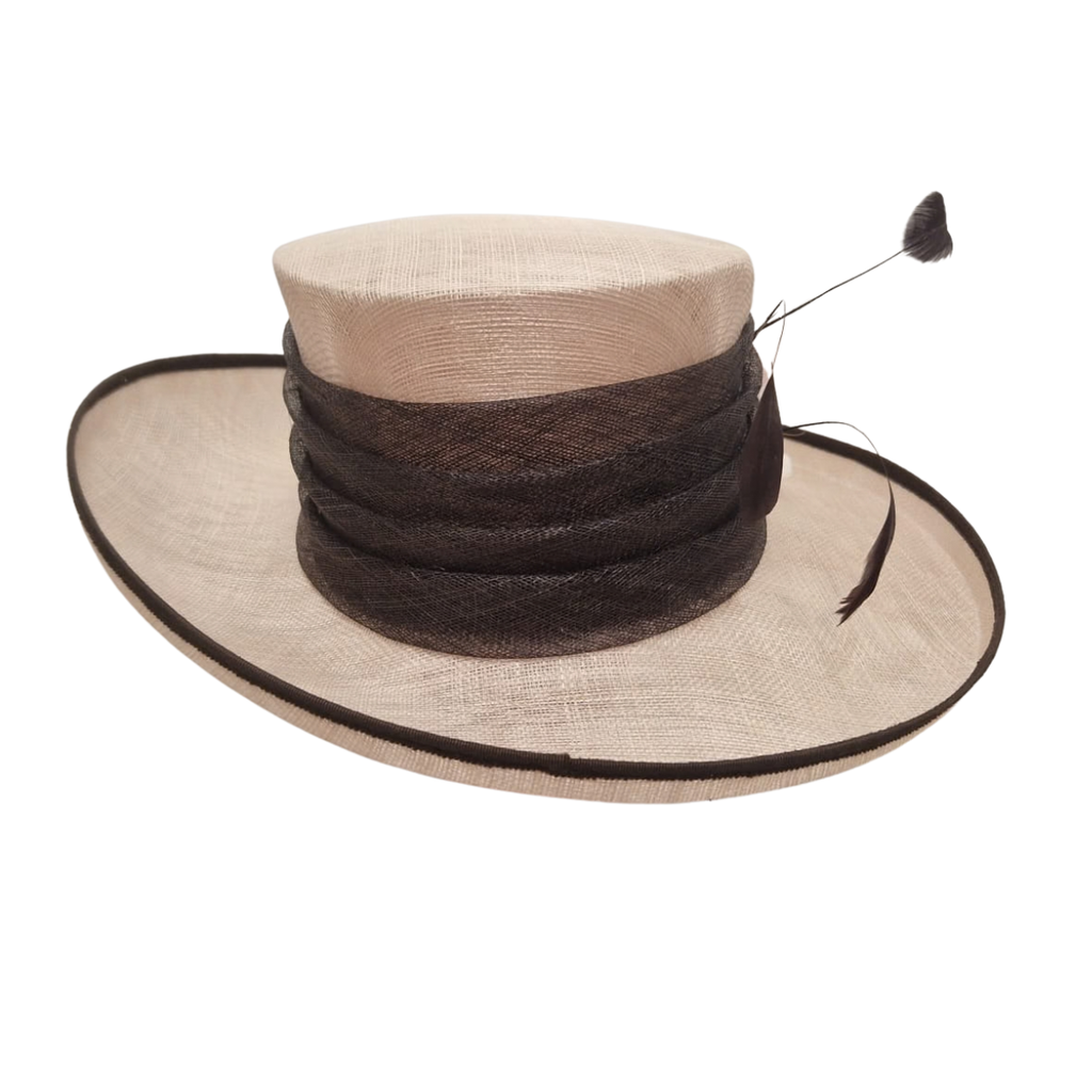 Dusky Pink & Chocolate Picture Hat with Feather & Pearl Trim back