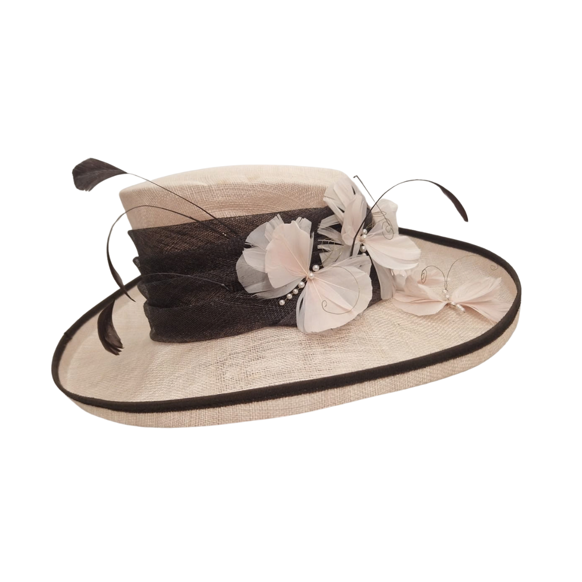 Dusky Pink & Chocolate Picture Hat with Feather & Pearl Trim side