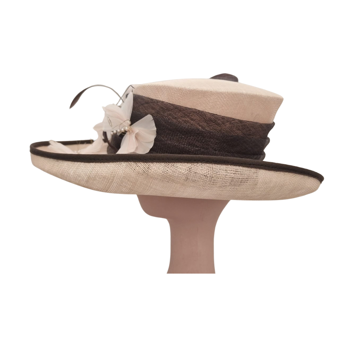 Dusky Pink & Chocolate Picture Hat with Feather & Pearl Trim side