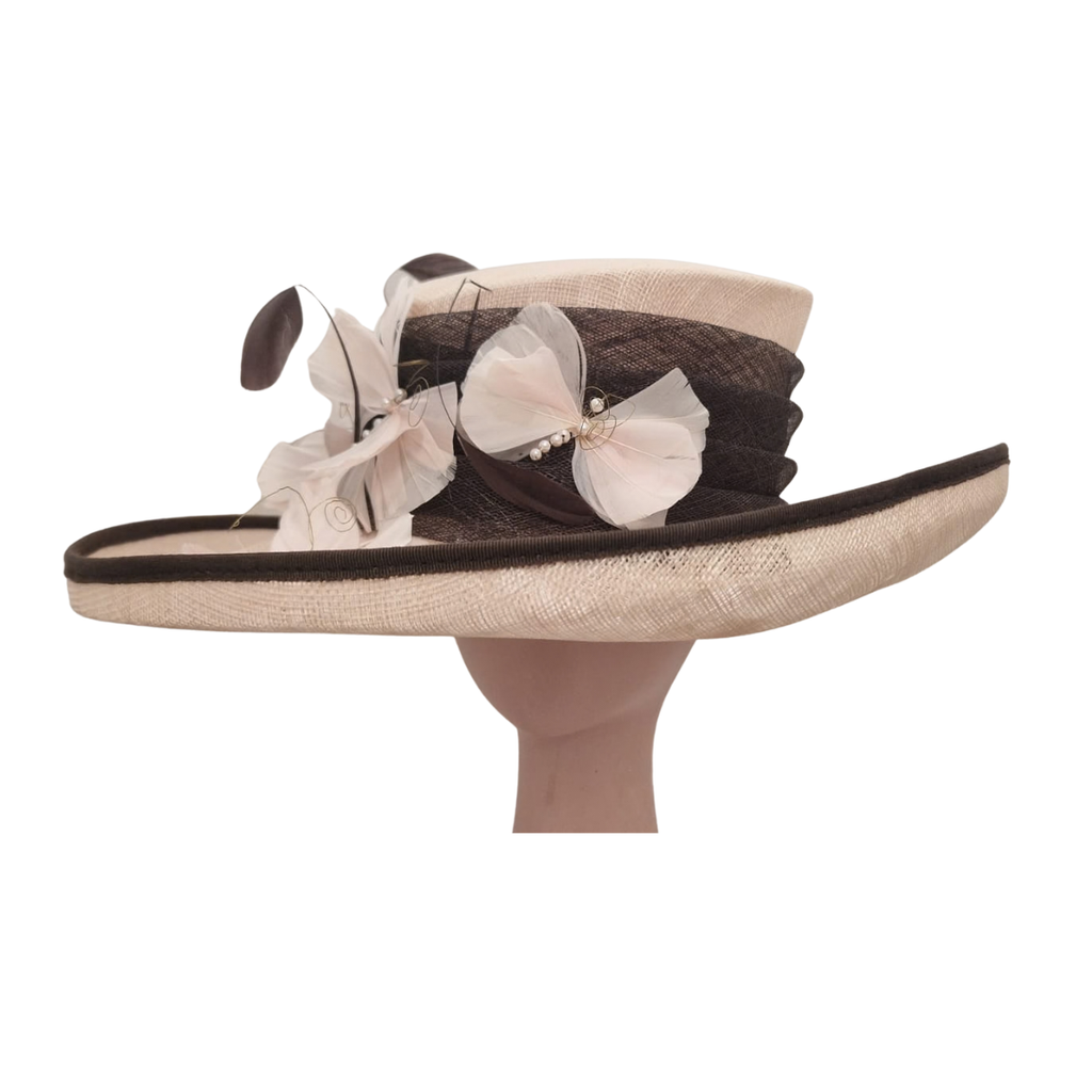 Dusky Pink & Chocolate Picture Hat with Feather & Pearl Trim front