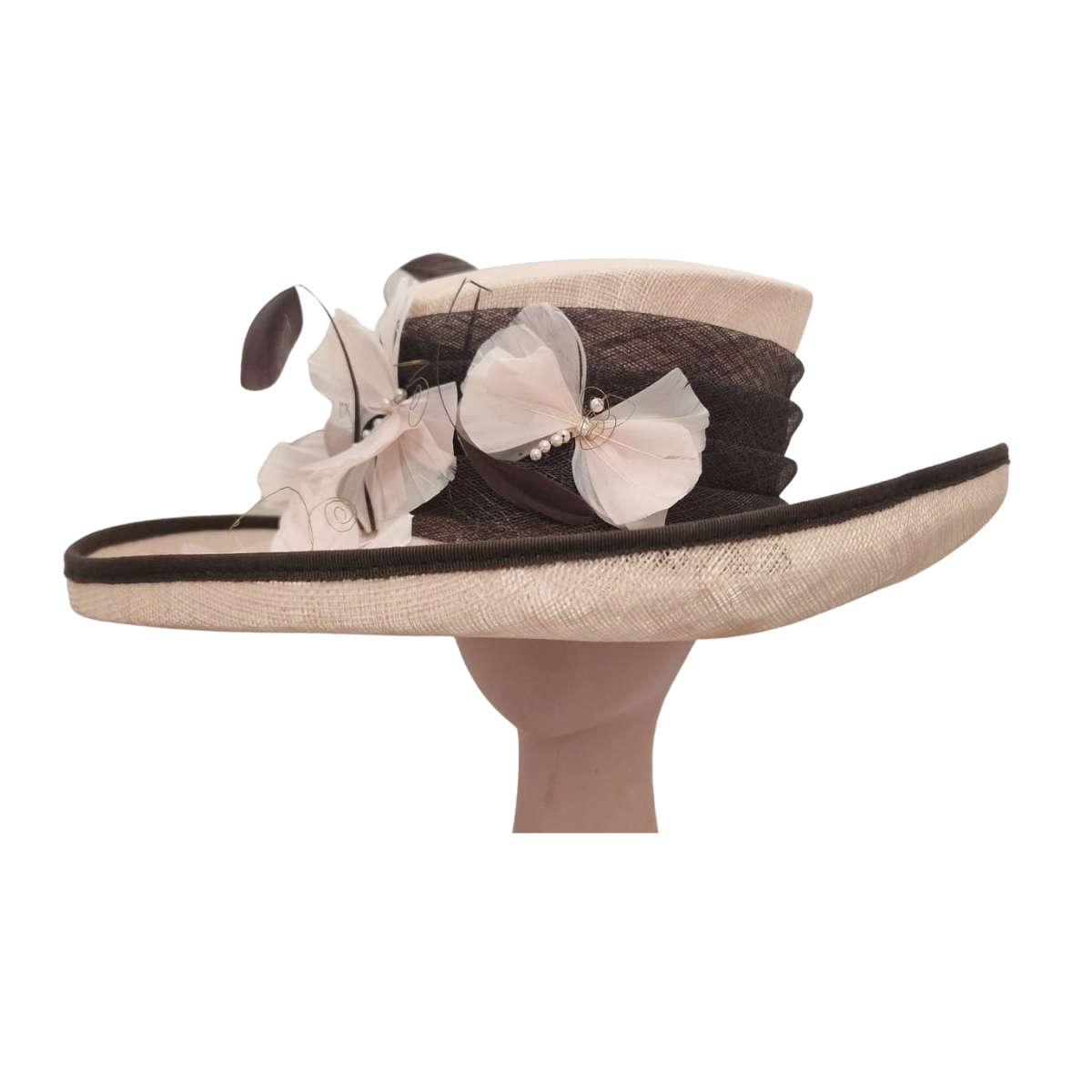 Dusky Pink & Chocolate Picture Hat with Feather & Pearl Trim front