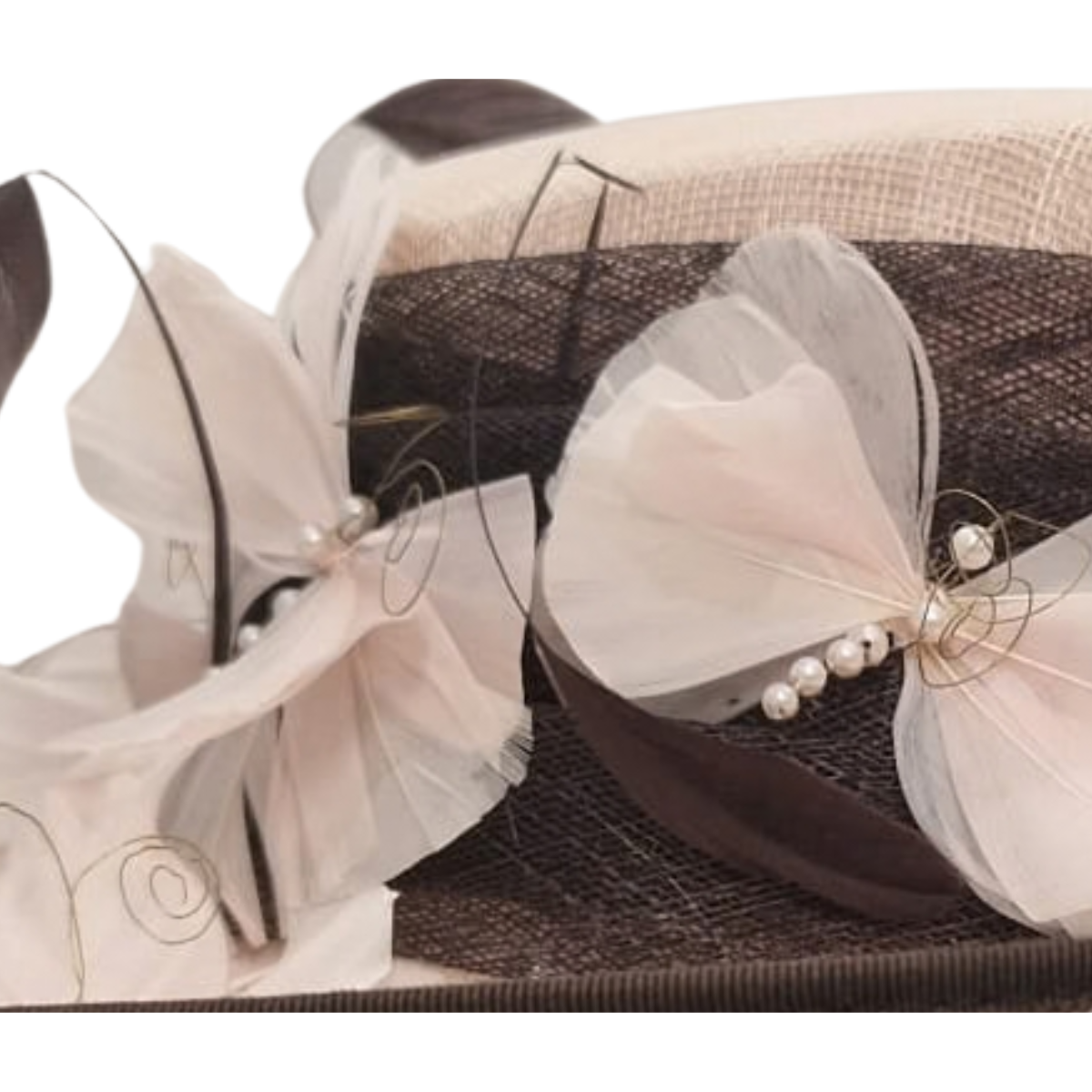 Dusky Pink & Chocolate Picture Hat with Feather & Pearl Trim close-up detail