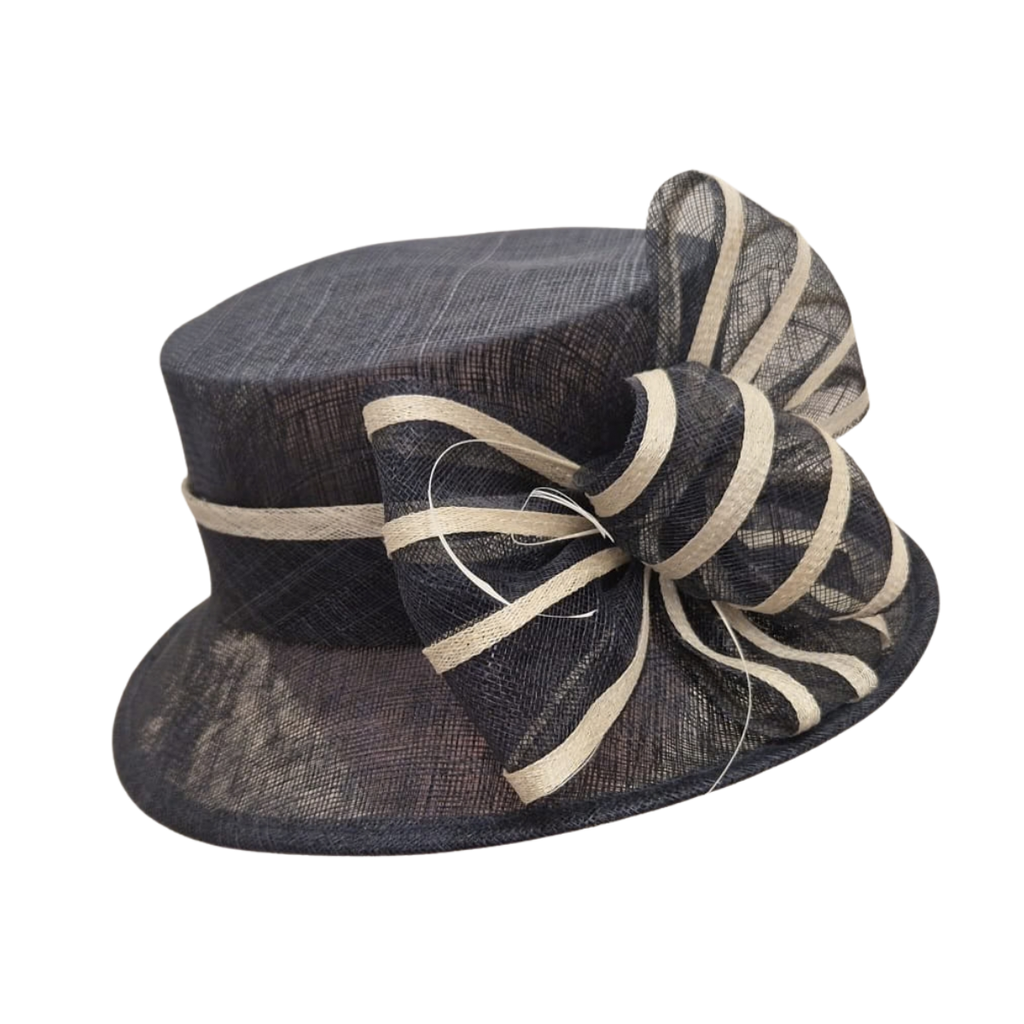 Navy & Champagne Bow Occasion Hat side