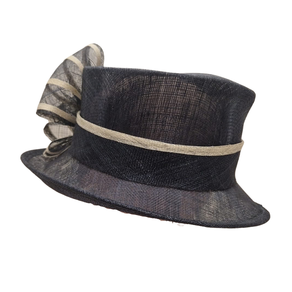 Navy & Champagne Bow Occasion Hat side