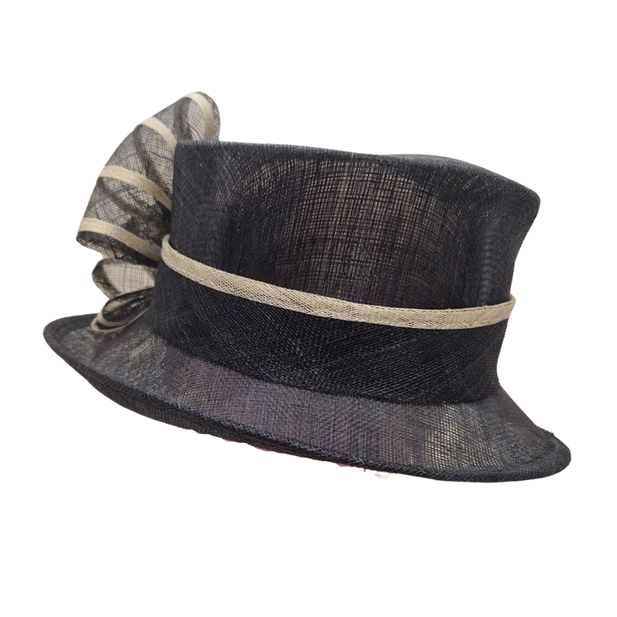 Navy & Champagne Bow Occasion Hat side