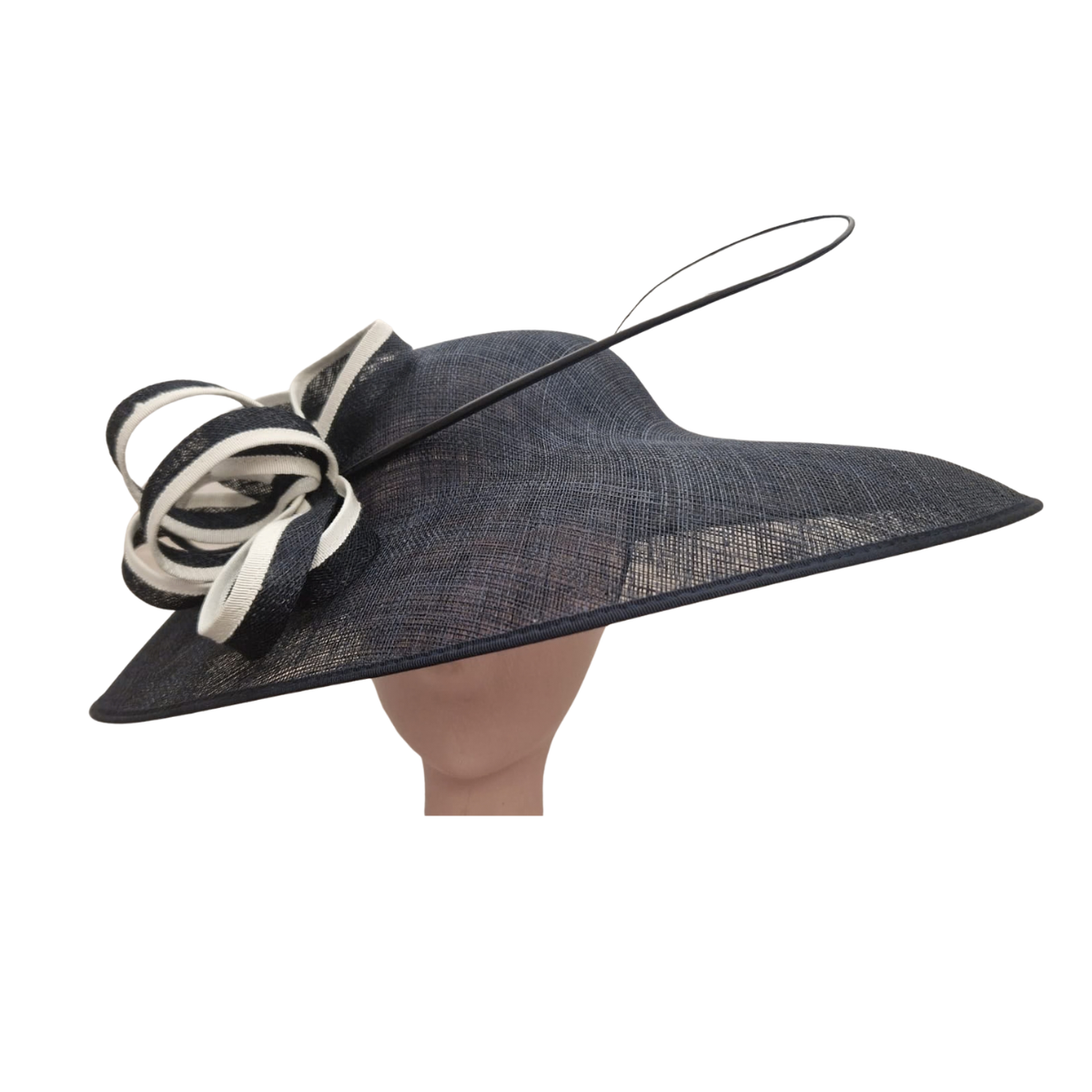 Navy & Cream Picture Hat with Sculptural Ribbon Trim front