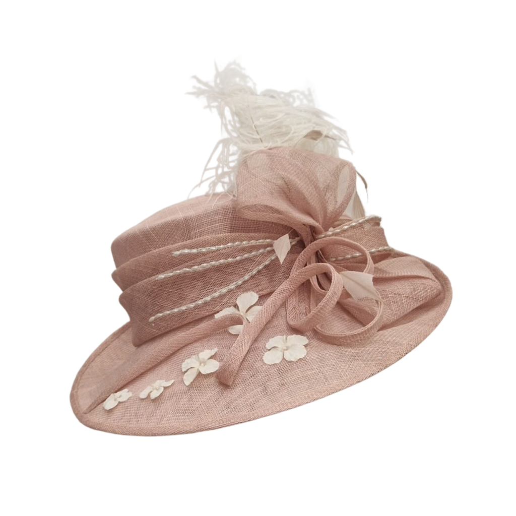 Dusty Rose Wide-Brim Sinamay Occasion Hat with Feathers & Pearls side
