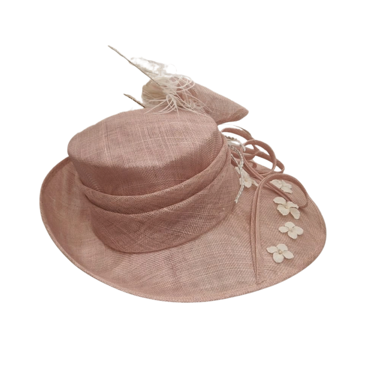 Dusty Rose Wide-Brim Sinamay Occasion Hat with Feathers & Pearls back