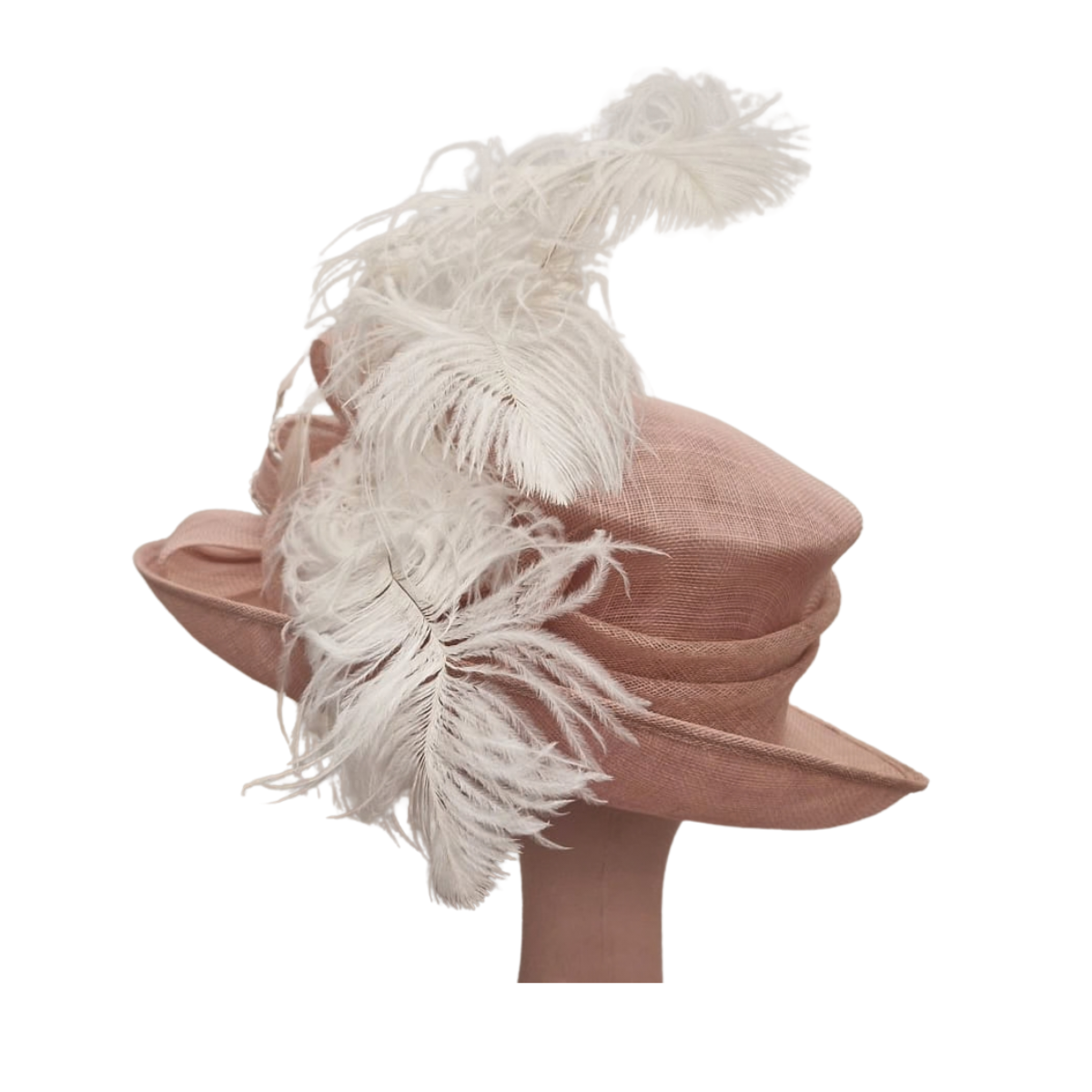 Dusty Rose Wide-Brim Sinamay Occasion Hat with Feathers & Pearls side