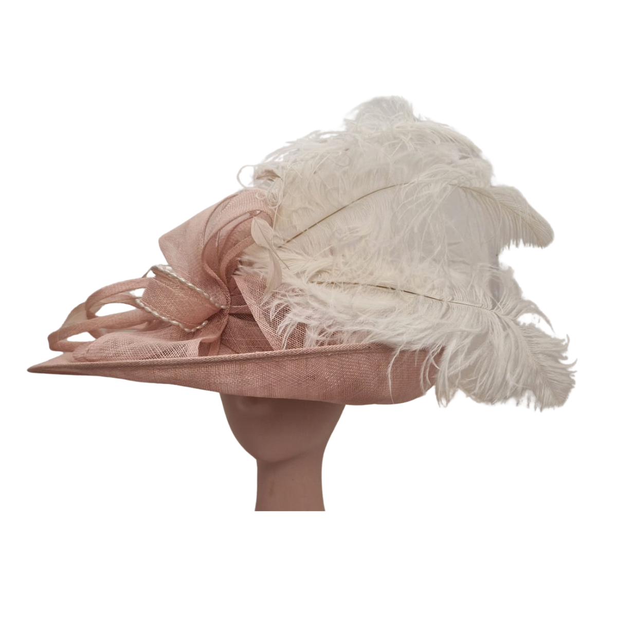 Dusty Rose Wide-Brim Sinamay Occasion Hat with Feathers & Pearls front