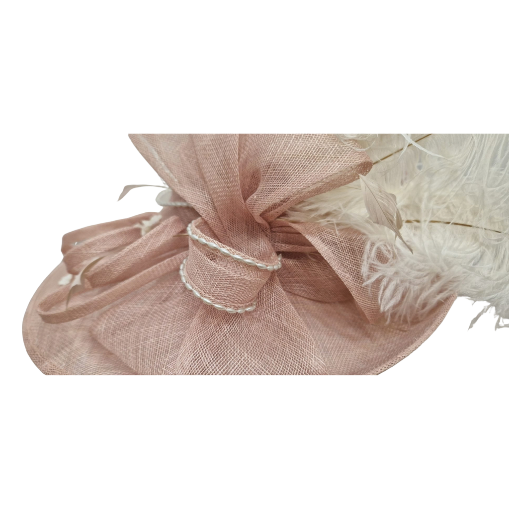 Dusty Rose Wide-Brim Sinamay Occasion Hat with Feathers & Pearls detail
