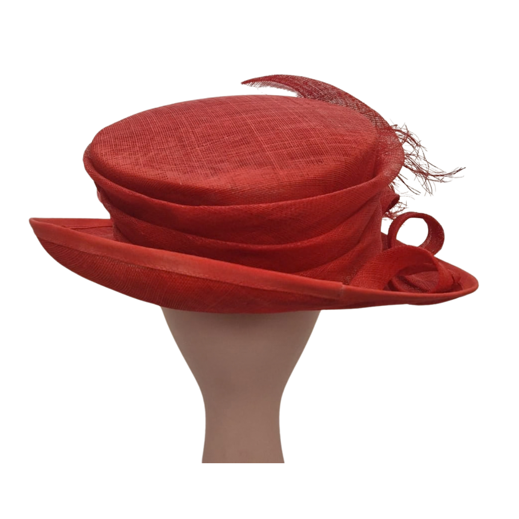 Scarlet Sinamay Occasion Hat with Feather & Sculpted Ribbon Trim back