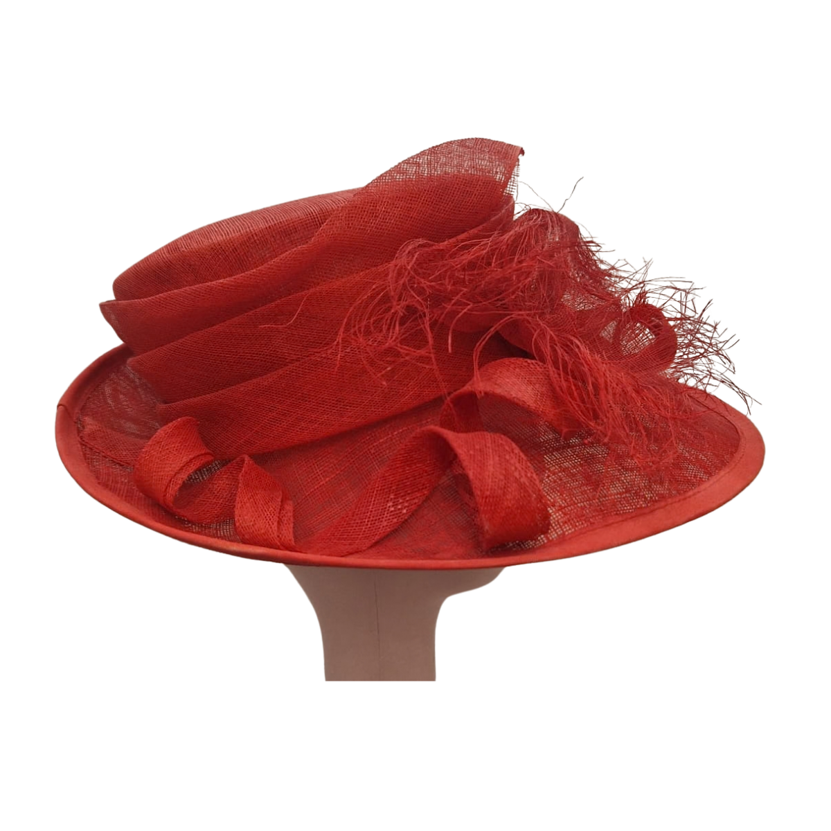 Scarlet Sinamay Occasion Hat with Feather & Sculpted Ribbon Trim side