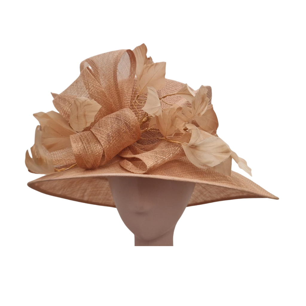 Salmon Pink Wide-Brim Sinamay Occasion Hat with Feather & Sculpted Bow Detail front