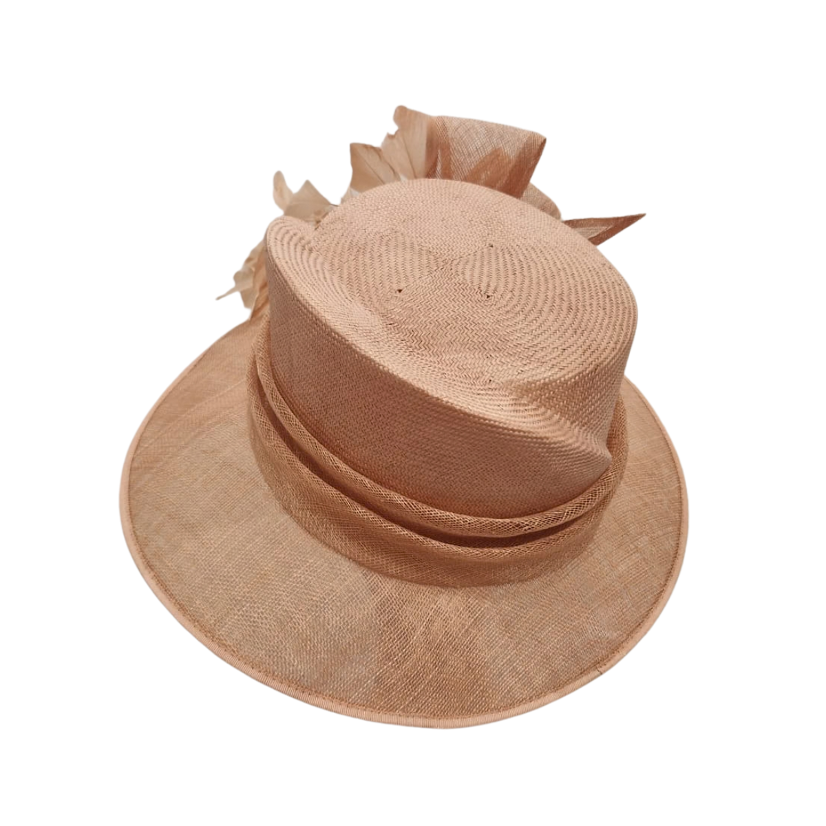 Salmon Pink Wide-Brim Sinamay Occasion Hat with Feather & Sculpted Bow Detail back