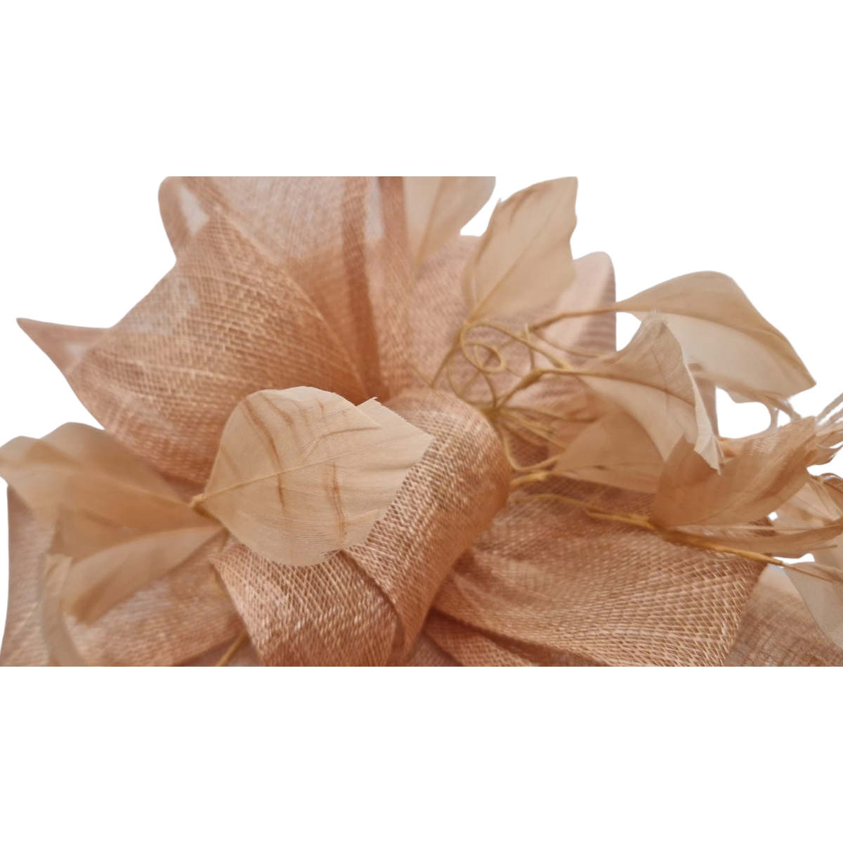 Salmon Pink Wide-Brim Sinamay Occasion Hat with Feather & Sculpted Bow Detail close-up