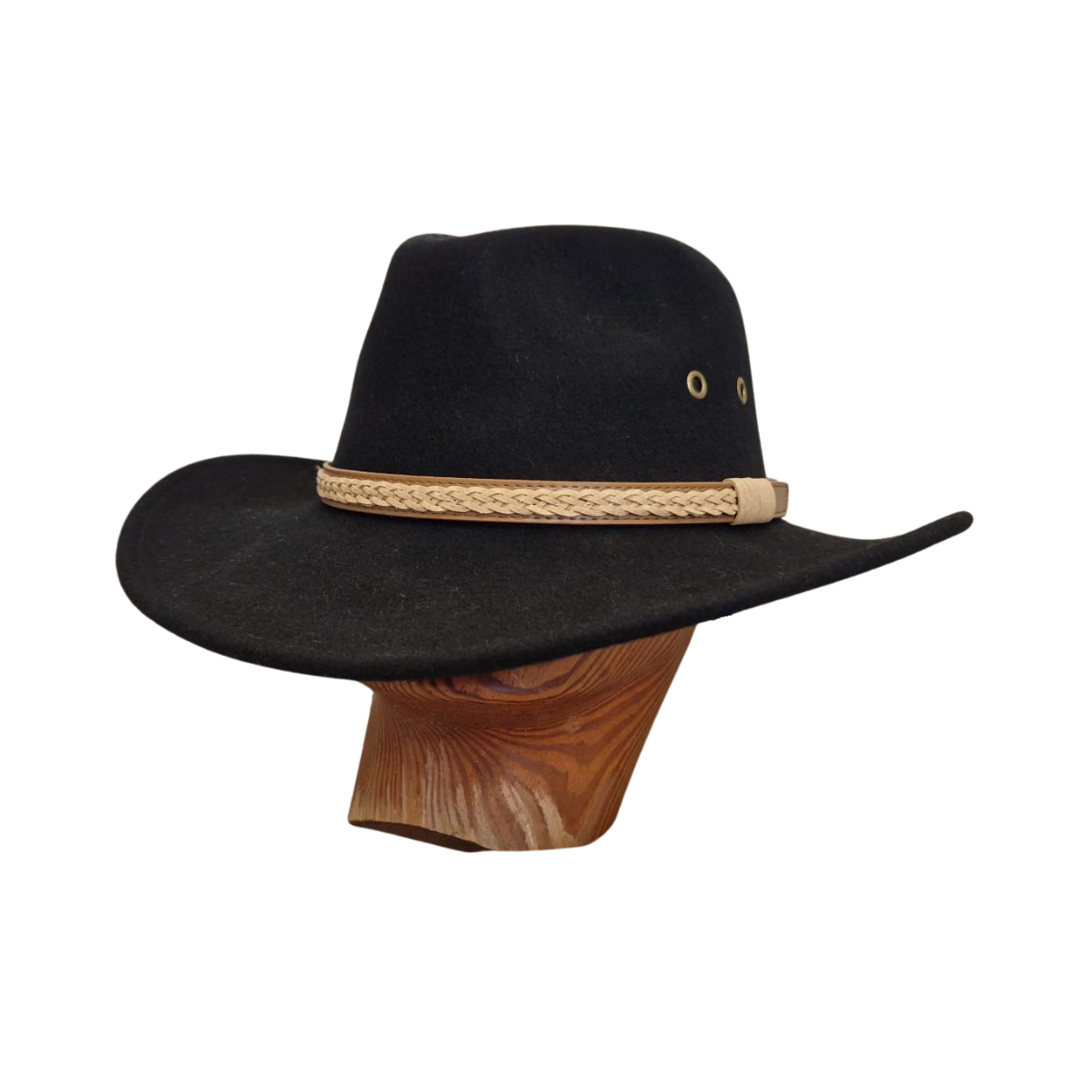 Black Wide Brim Fedora Hat with Plaited Leather Band front