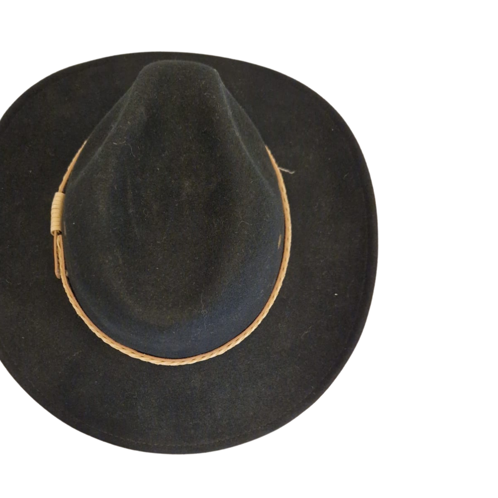 Black Wide Brim Fedora Hat with Plaited Leather Band top