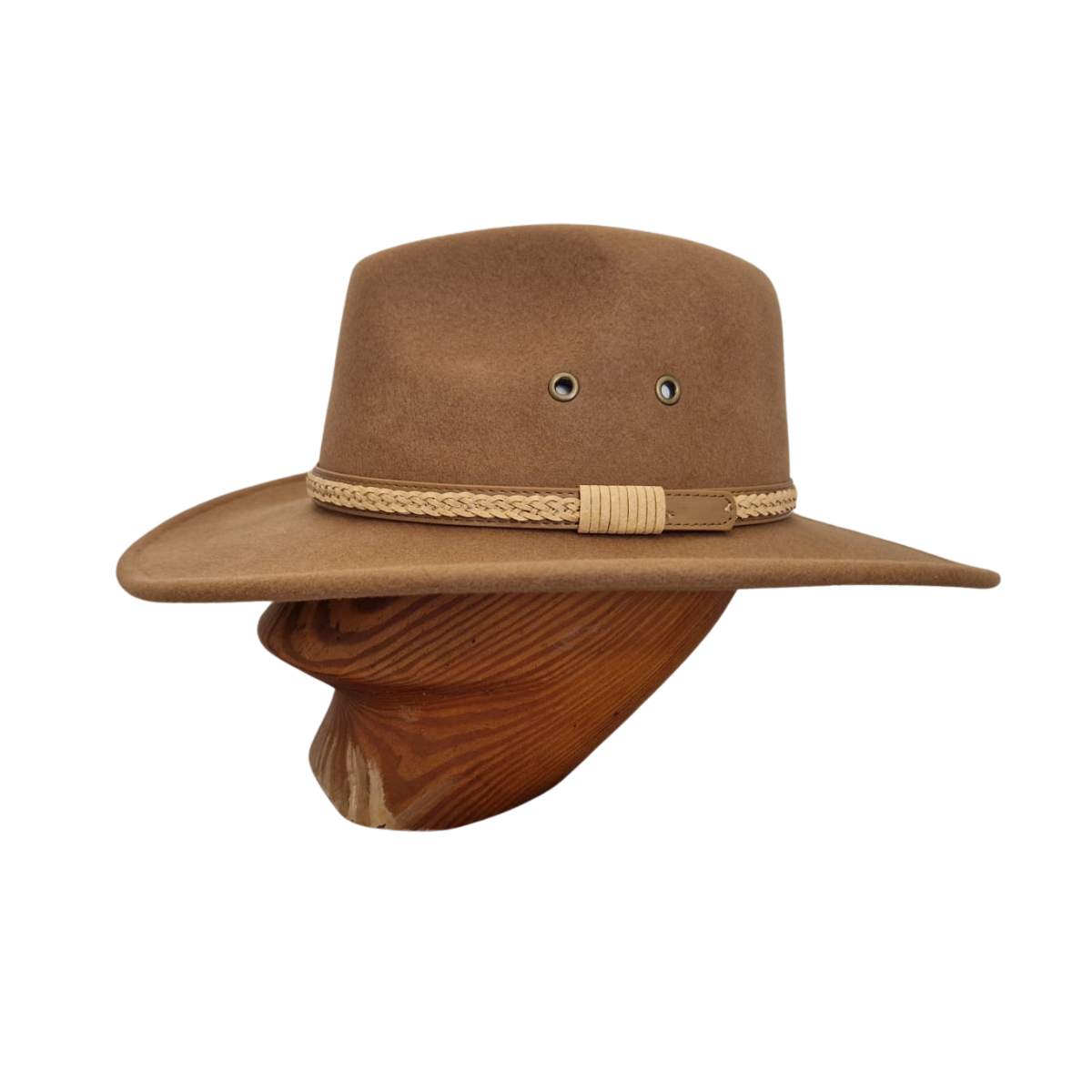 Camel Wide Brim Fedora Hat with Plaited Leather Band side