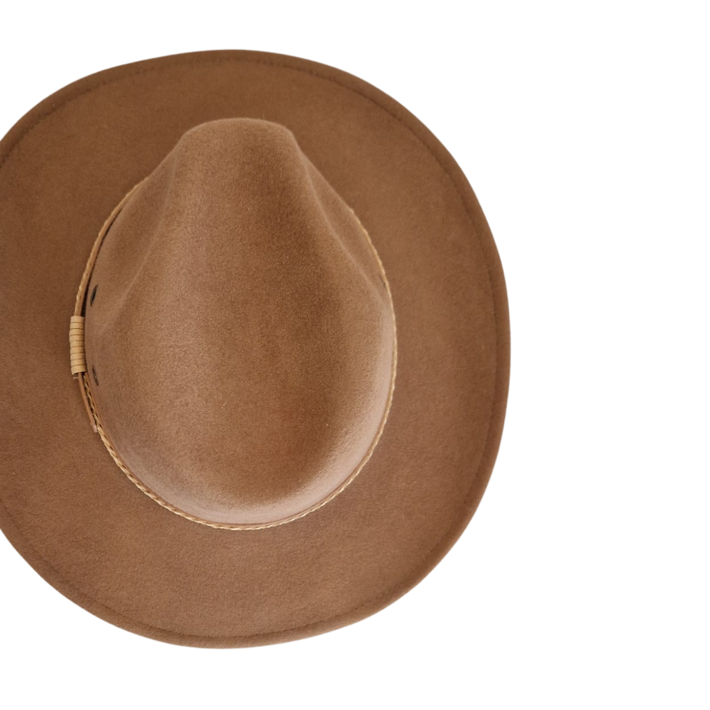 Camel Wide Brim Fedora Hat with Plaited Leather Band top