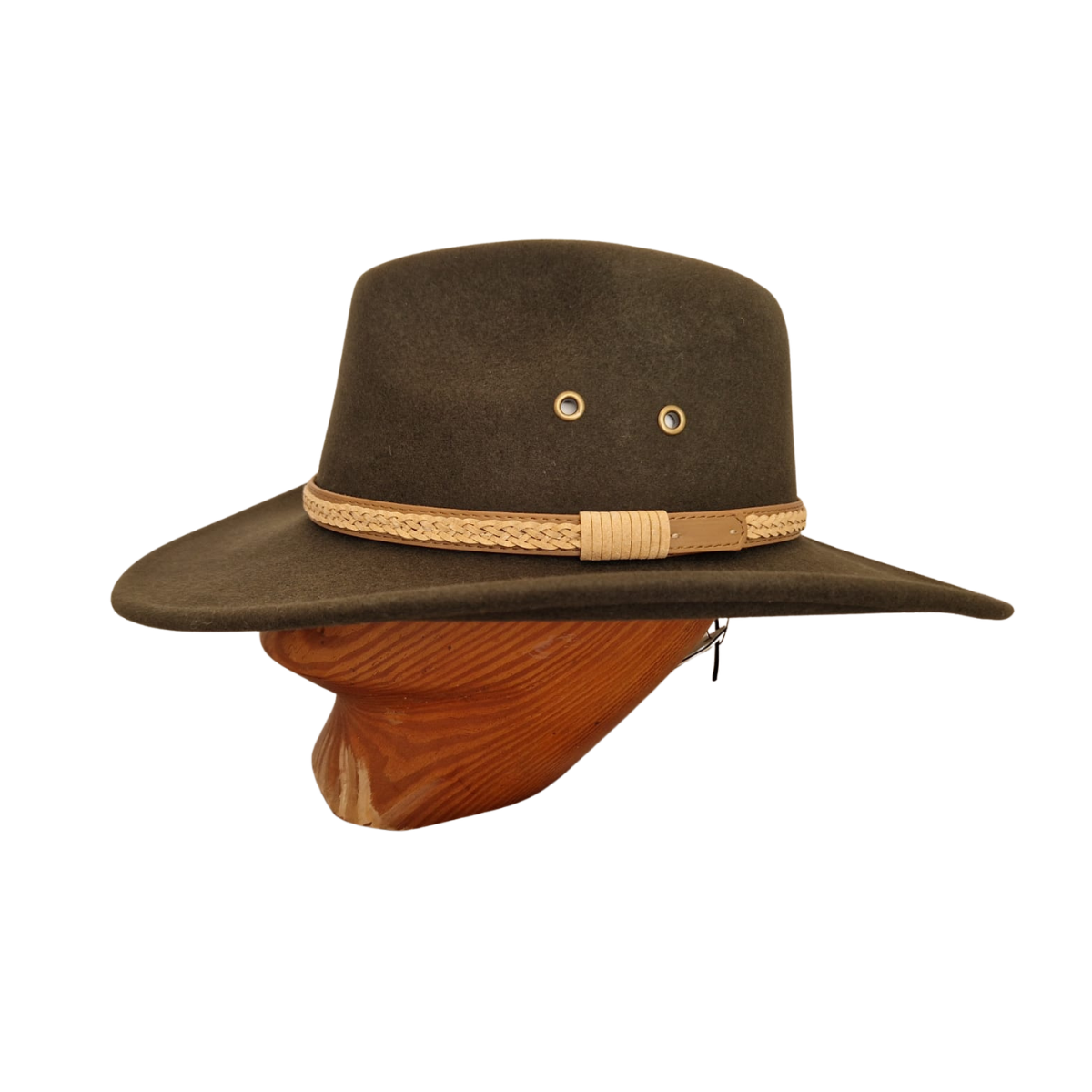 Olive Green Wide Brim Fedora Hat with Plaited Leather Band side