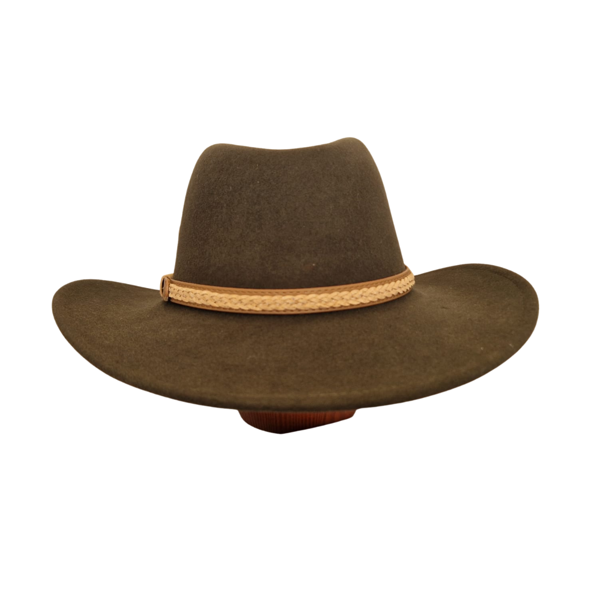Olive Green Wide Brim Fedora Hat with Plaited Leather Band back