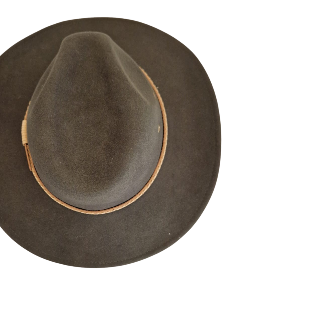 Olive Green Wide Brim Fedora Hat with Plaited Leather Band top
