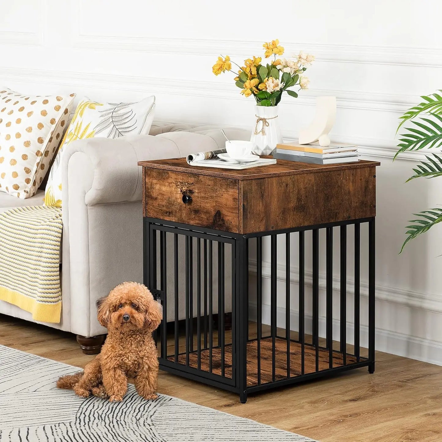 HOOBRO Dog Crate Furniture, Wooden Dog House, Decorative Dog Kennel with Drawer, Indoor Pet Crate End Table for Small Dog, Steel