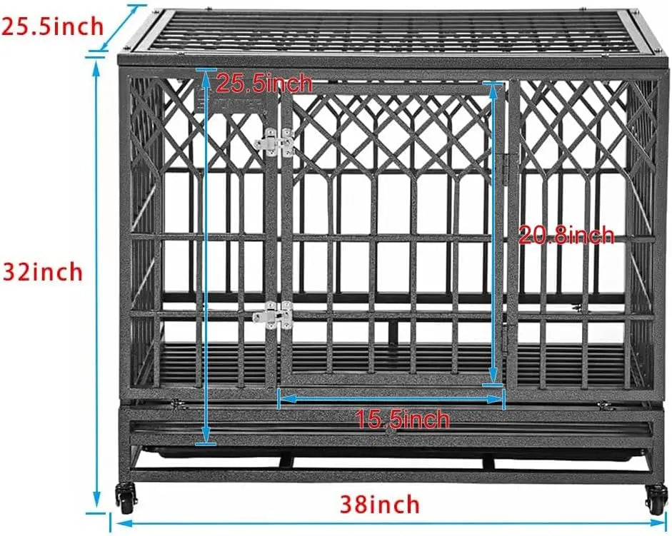 SMONTER Heavy Duty Dog Cage for Large Dog Strong Metal Kennel and Crate Pet Playpen with Three Doors, Four Wheels,38 Inch,