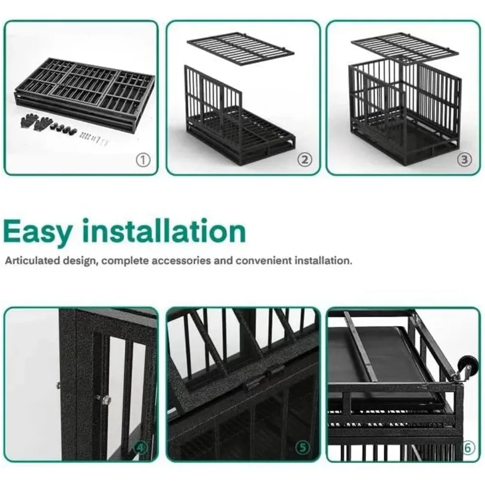 48/38 Inch Heavy Duty Dog Crate Cage Kennel with Wheels, Sturdy Locks Design, Double Door and Removable Tray, Extra Large XL XXL