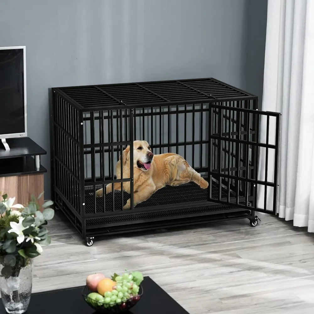 48/38 inch Heavy Duty Indestructible Dog Crate,Escape Proof Kennel with Lockable Wheels,High Anxiety,Extra Large Crate Indoor