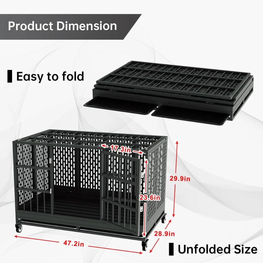 48 Inch Heavy Duty Dog Crate with Wheels, Folding Metal Big Dog Cage, Extra Large XL XXL Indestructible Dog Crate